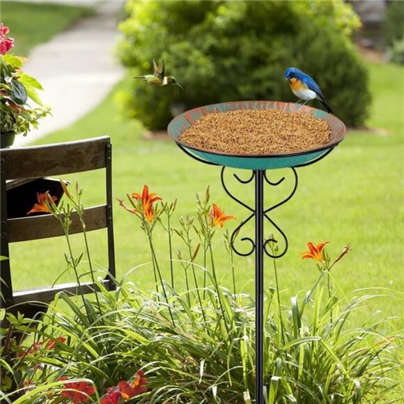 Metal Outdoor Bird Bath,Standing BirdBath & Bird Feeder with Stake Cast Iron - Picture 6 of 7